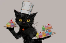 ACEO Mini *Art Print* Black Cat Kitten in Chef's Hat & Sweet Cupcakes - Saulite