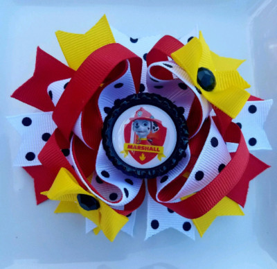 Marshall PAW Patrol Red Black White Yellow Bottle Cap Hair Bow 5''