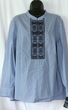 CHAPS Blue Striped Split Neck Cotton/Nylon/Spandex Embroidered Tunic - Sz 1X EXC