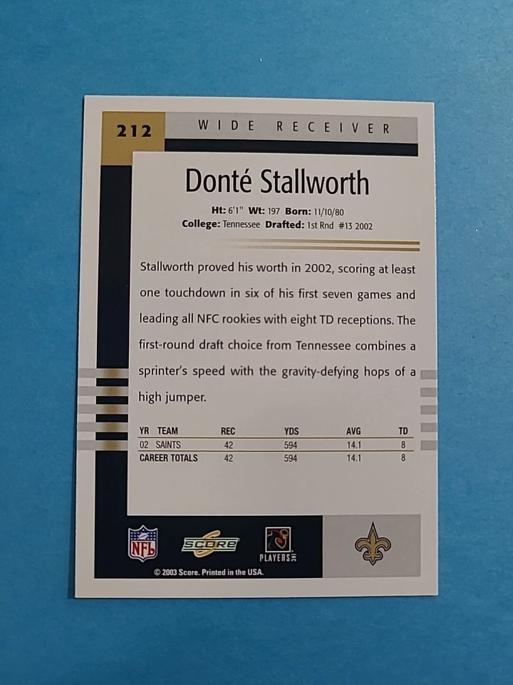 DONTE STALLWORTH 2003 SCORE FOOTBALL CARD # 212 H7865 - Image 2 of 2