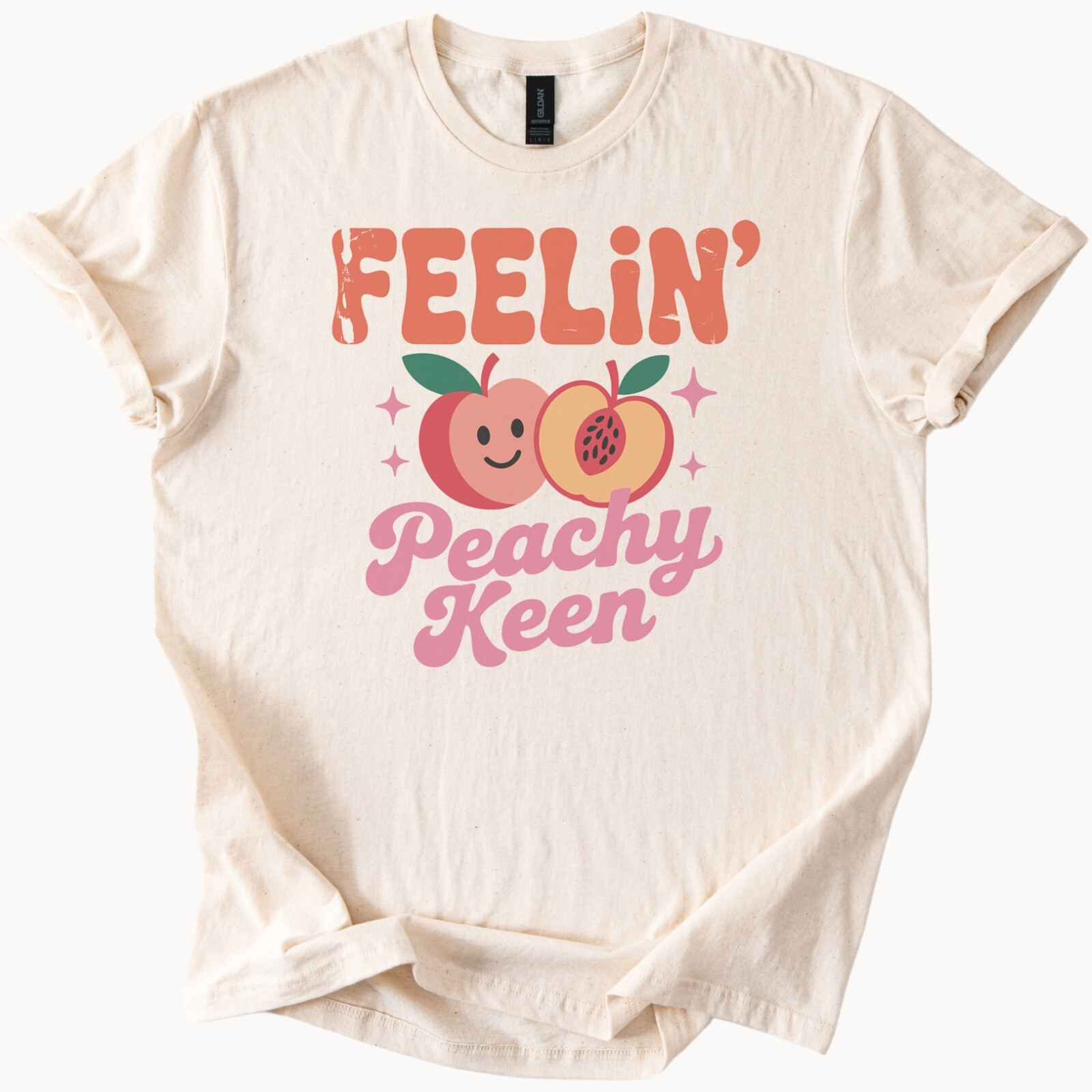 T shirt grafica Feelin Peachy Keen maglietta positiva frutta pesca sorridente