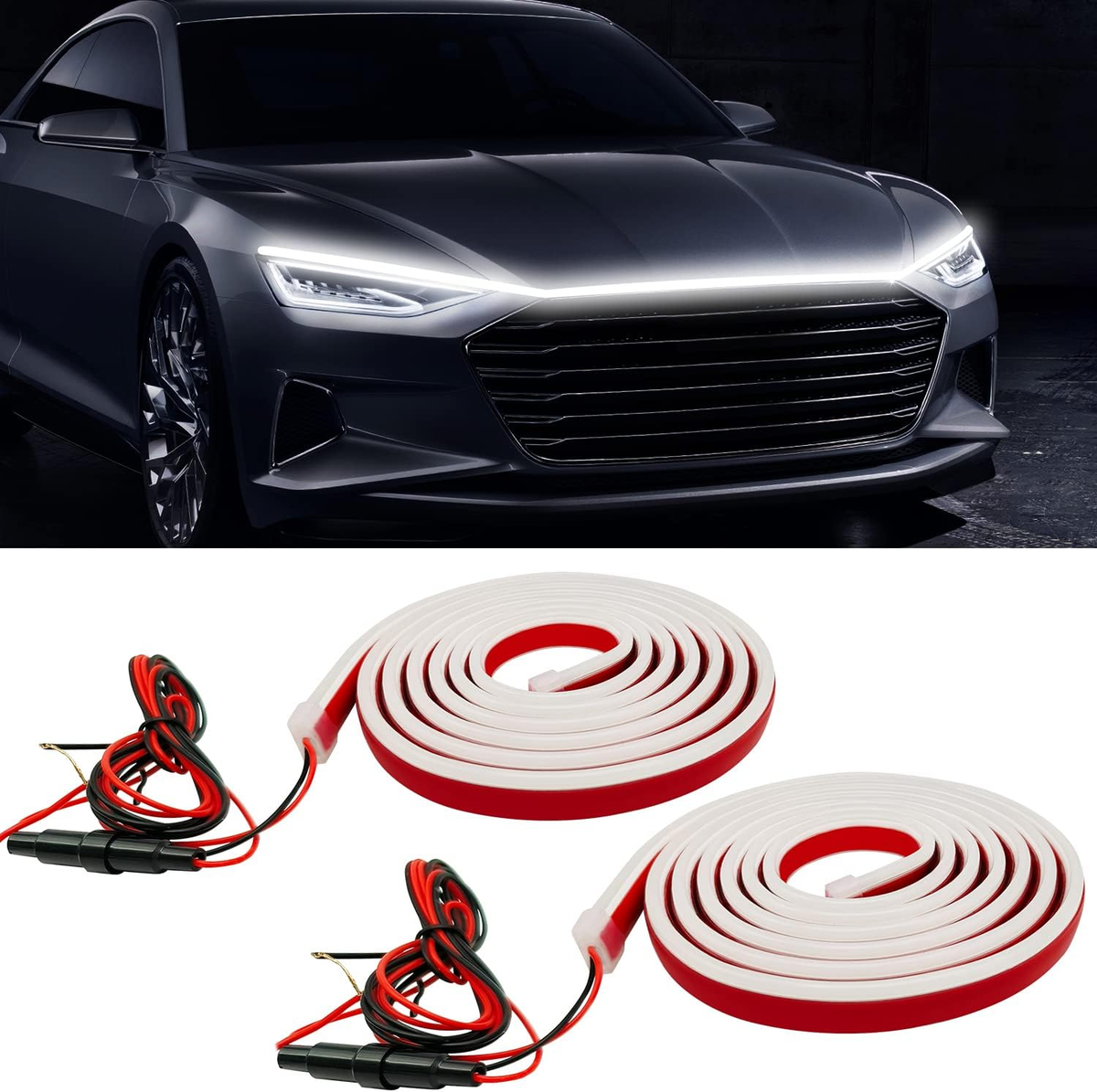 71 Inch Car Hood LED Light Strip - Dynamic Scan Start Up DRL, IP65 Waterproof, 12V White