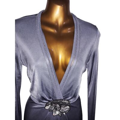 just cavalli silver dress JUST CAVALLI V-Neck Metallic Studded Sheer Sleeve Gown / New With Tags