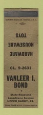 Matchbook Cover - Vanleer Bond Upper Darby PA Hardware SAMPLE CREASED