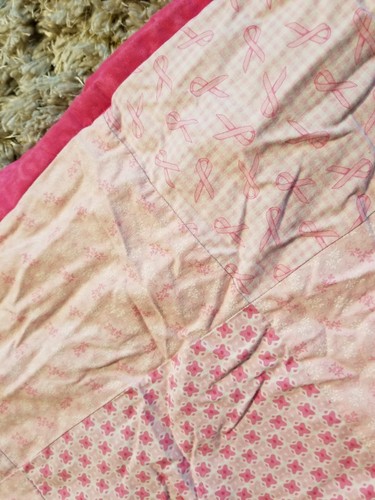 October Breast Cancer Awareness PATCHWORK Quilt PINK HUGE 70x82 Homemade Blanket
