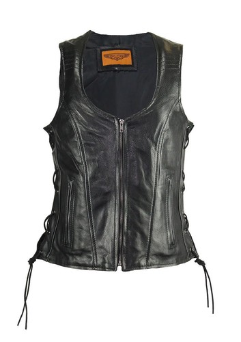 Premium Black Women's Genuine Leather Vest Biker Collarless Side Laces vest - Picture 2 of 7