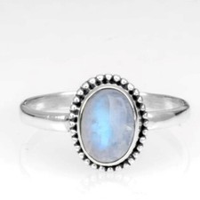 Women 925 Sterling Silver Natural Moonstone Ring Cabochon Gemstone Jewelry