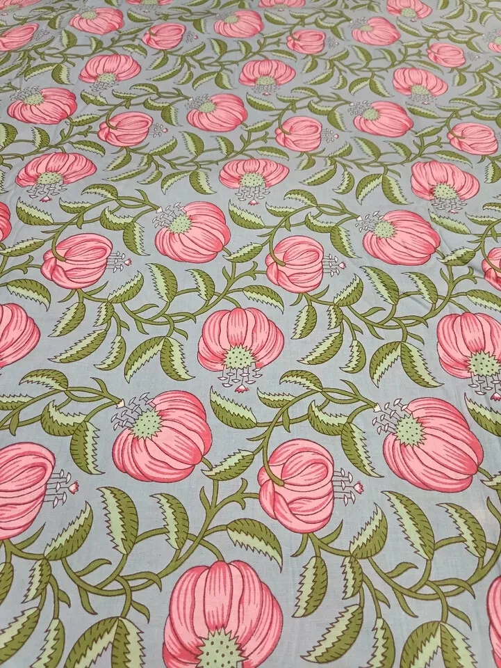 25 Yards Fabric Indian Gray Floral Hand Printed Cotton Fabric Sewing Fabrics - Image 3 of 4
