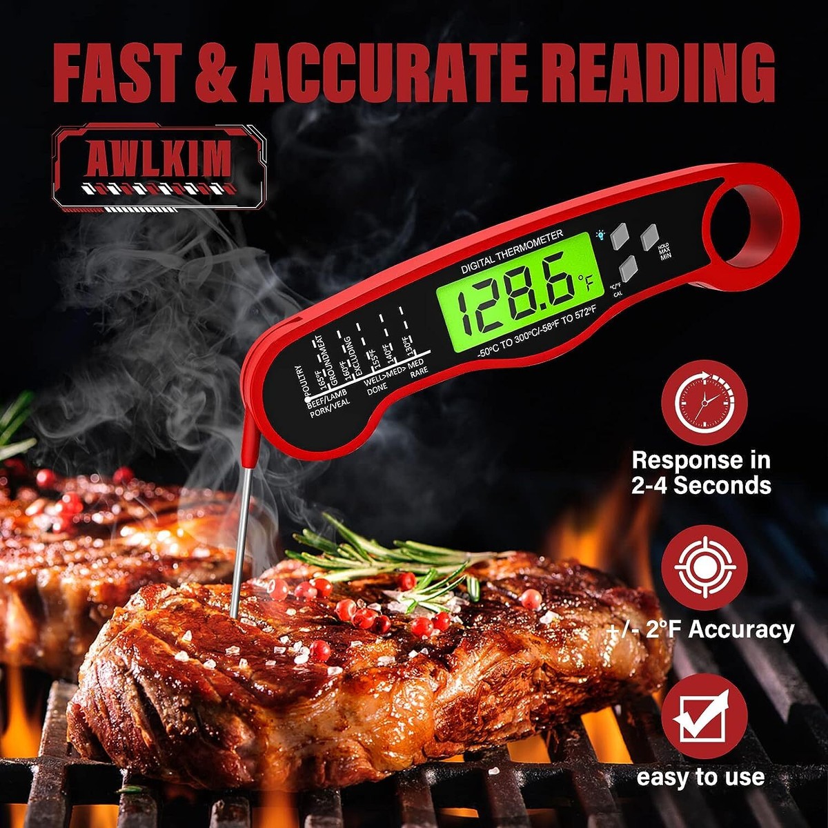 Instant Read Meat Thermometer - Digital Food Thermometer With Backlit, Fast 2-3 Sec Read, Waterproof - View #2