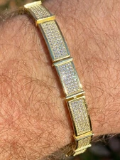14k Gold Over Solid 925 Sterling Silver Mens Iced Flooded Out Bracelet Diamond