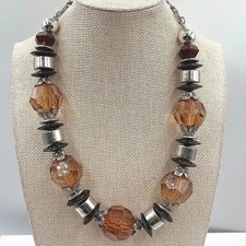 Vtg Amber & Black Beaded Necklace Large Faceted Chunky Boho Statement Jewelry