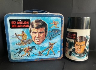 Vintage Six Million Dollar Man Metal Lunchbox Aladdin 1974 with Thermos
