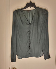 Banana Republic Women's S Green Sheer Chiffon V-Neck Long Sleeve Button Blouse