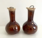 Hull Brown Drip Glaze Oil & Vinegar Cruets Original Cork Pulls USA Vtg NICE