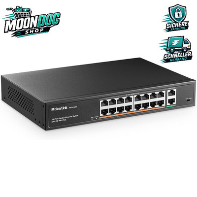 Gigabit PoE Switch 16 Port 250W 2 Uplink Nicht Verwaltet Rackmount Ethernet