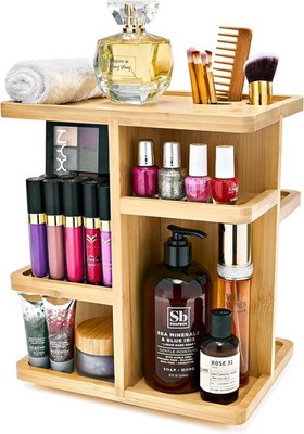 360° Makeup Organizer - Bamboo Wood Make Up Storage Carousel for Cosmetics, Skin