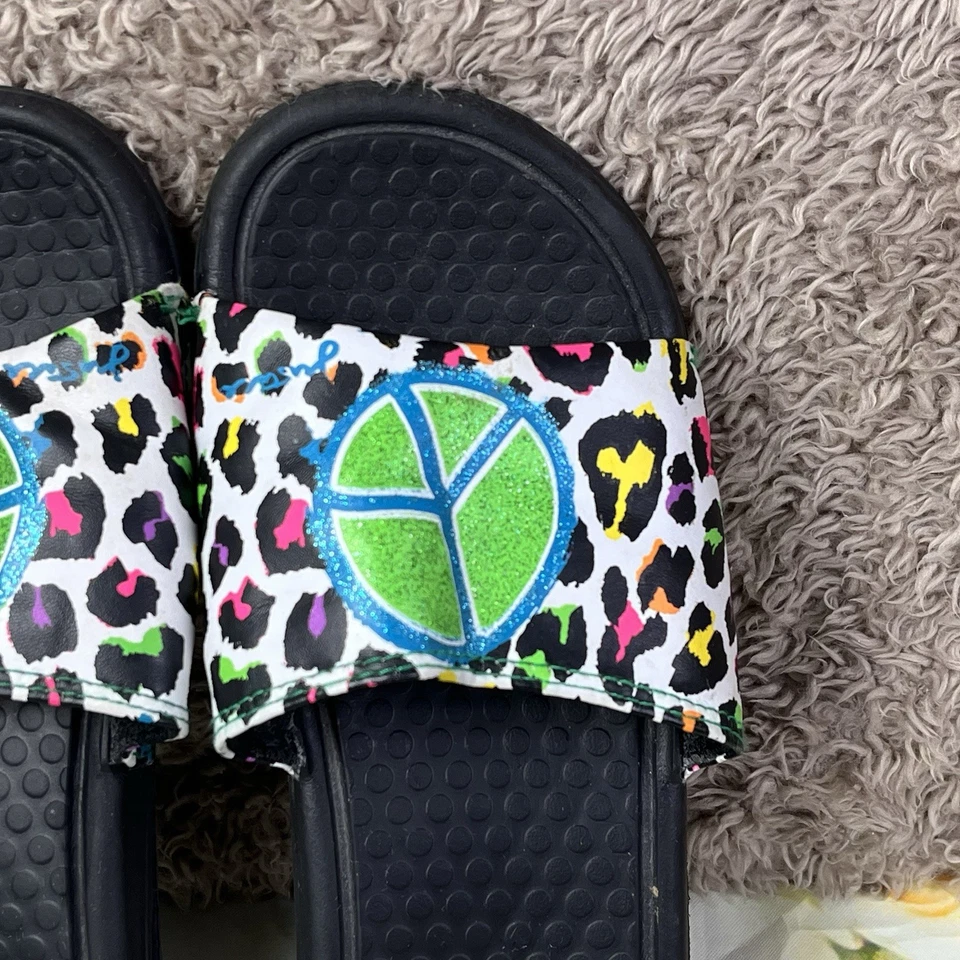 Zapato Justice Slides Talla 3-4 Niñas Niños Letrero de Paz Brillo Colorido Estampado Animal Foto 3 de 4