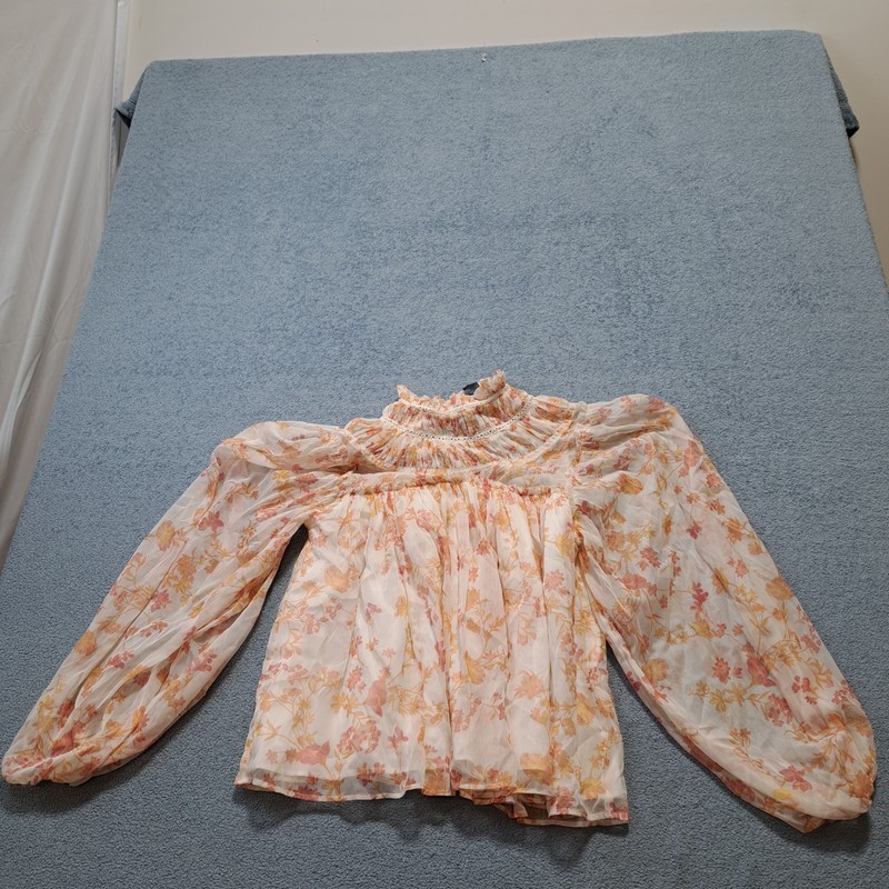 French Connection Diana Crinkle Ruffled Blouse Top Cream Floral Long Sleeve XS