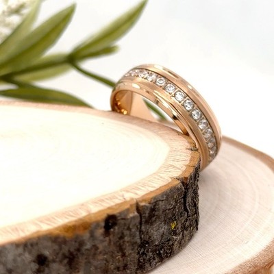 8mm Rose Gold Tungsten Carbide Domed Ring   Clear CZ Diamond Inlay, Wedding Band
