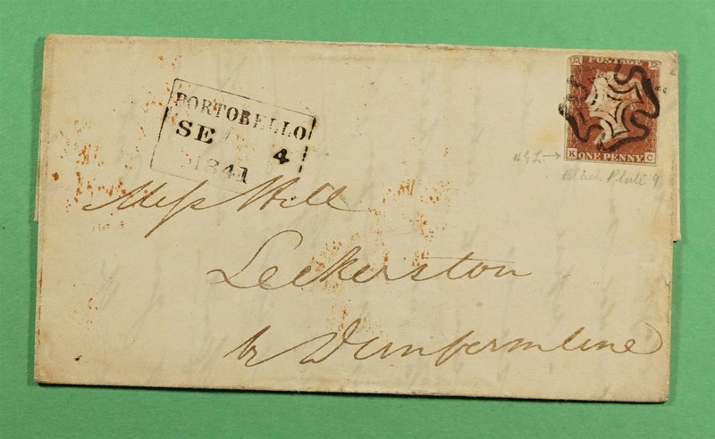 DR WHO 1841 GB IMPERF PLATE #9 FANCY CROSS CANCEL F/L PORTOBELLO SCOTLAND R85933