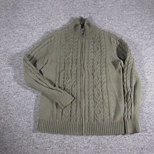 LL Bean Sweater Mens Small Green Full Zip Mock Neck Cable Knit Cardigan Ribbed