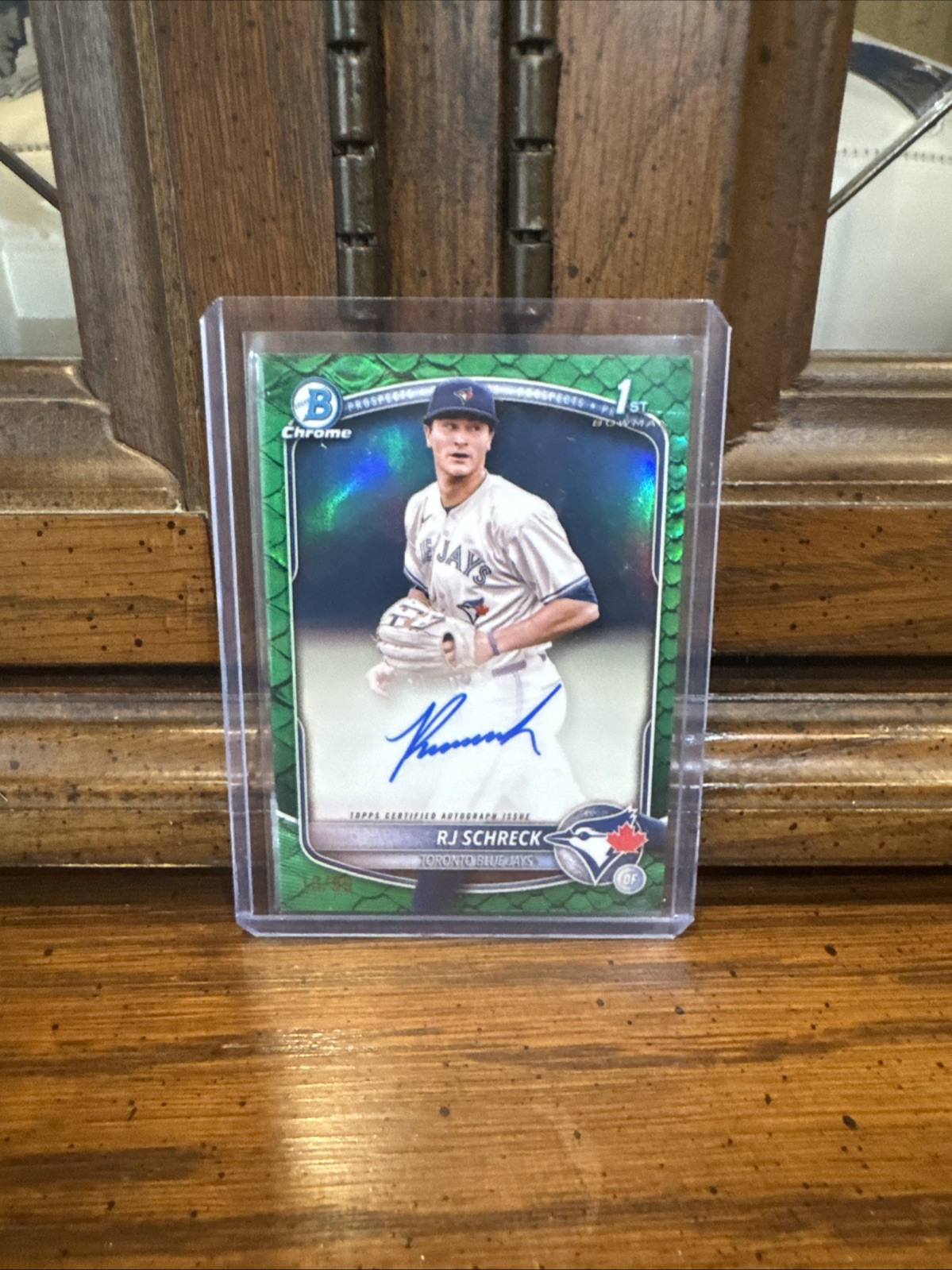 2025 Bowman Chrome RJ Schreck 1st Auto Green Reptilian Refractor /99 Blue Jays