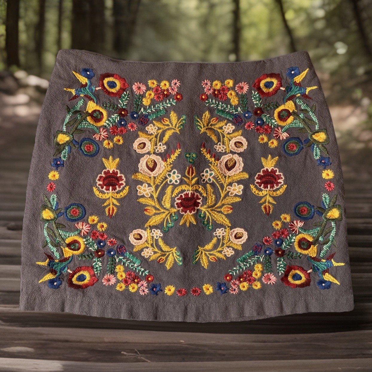 Umgee Mini Skirt Size Large Embroidered Colorful Flowers Boho Folk Art Ethnic