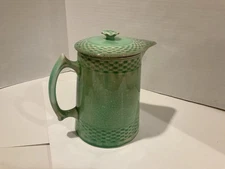 Vintage Green Ceramic Pitcher With Lid 6 3/4” Tall