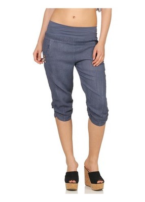 Damen Leinenhose einfarbig Stoffhose Chino Capri Freizeit 7988