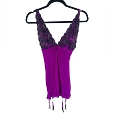 Dreamgirl Purple Lace Babydoll Chemise w/ Garter Ties Size Small Women’s Black
