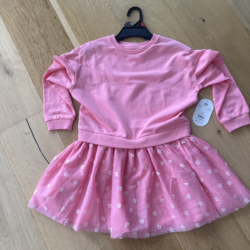 Girls Pink Long Sleeve Fit & Flare Crew Neck Floral Tulle Dress, Size 8