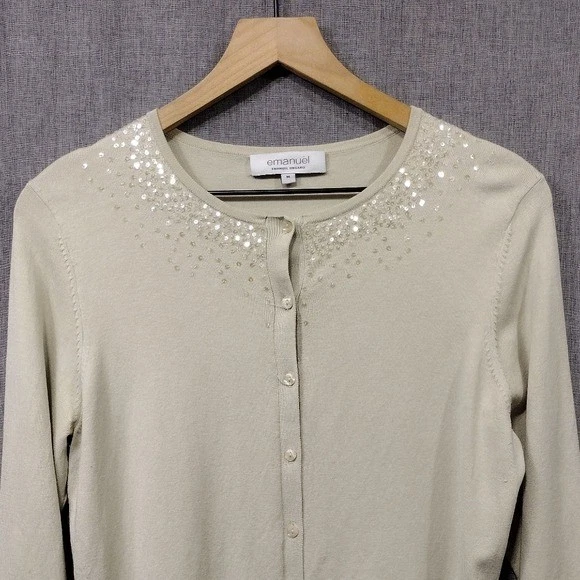 Emanuel Ungaro Silk Blend Sequin Button Sweater Women's M Cream Retro Y2K 90s - Image 3 of 4