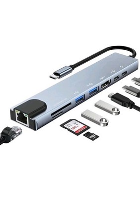 USB-C Hub 8-IN-1 Adapter 4K HDMI USB 3.0 LAN RJ45 Ethernet Micro SD Kartenleser