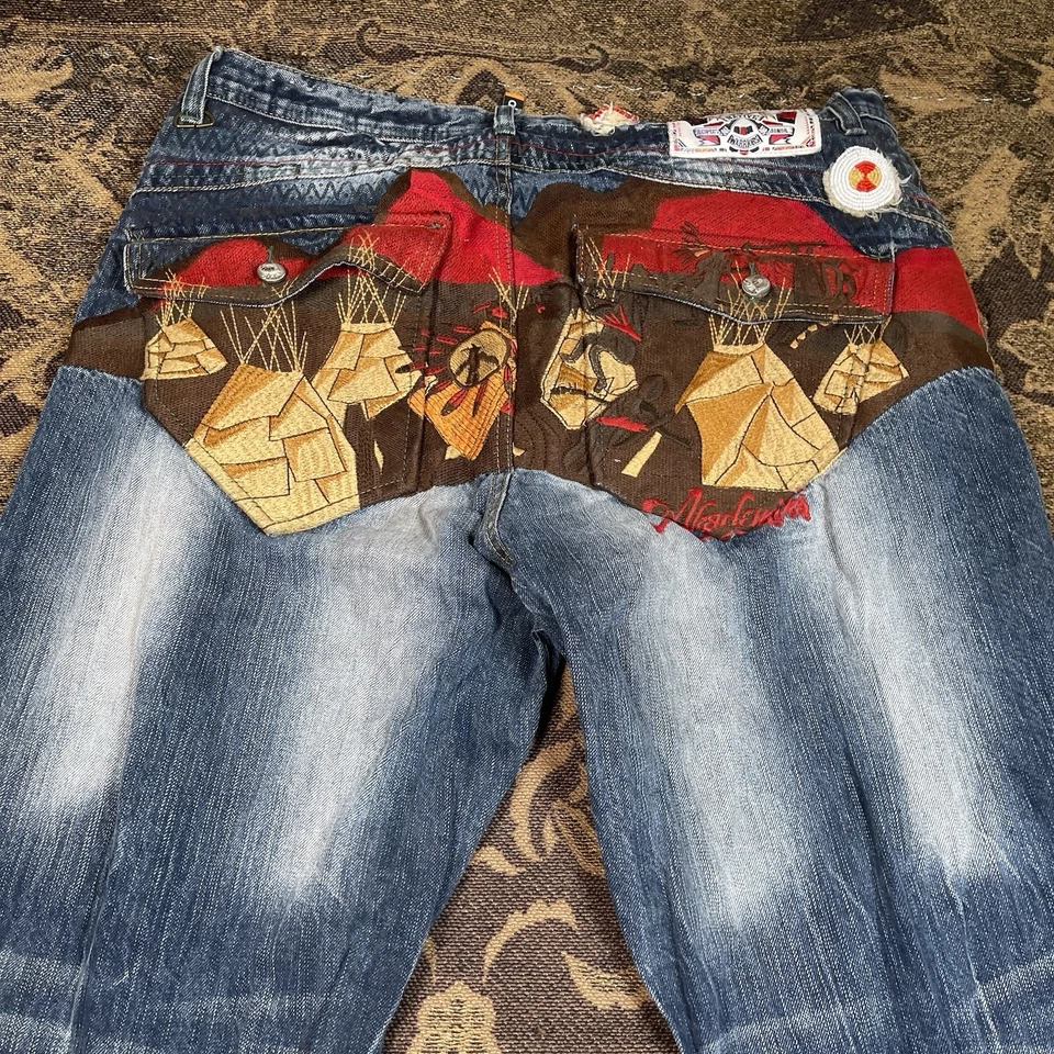 JEANS DE MEZCLILLA ACADEMIKS NATIVE WARRIORS DE COLECCIÓN Bordados Para Hombre Talla 38x34 Foto 2 de 4