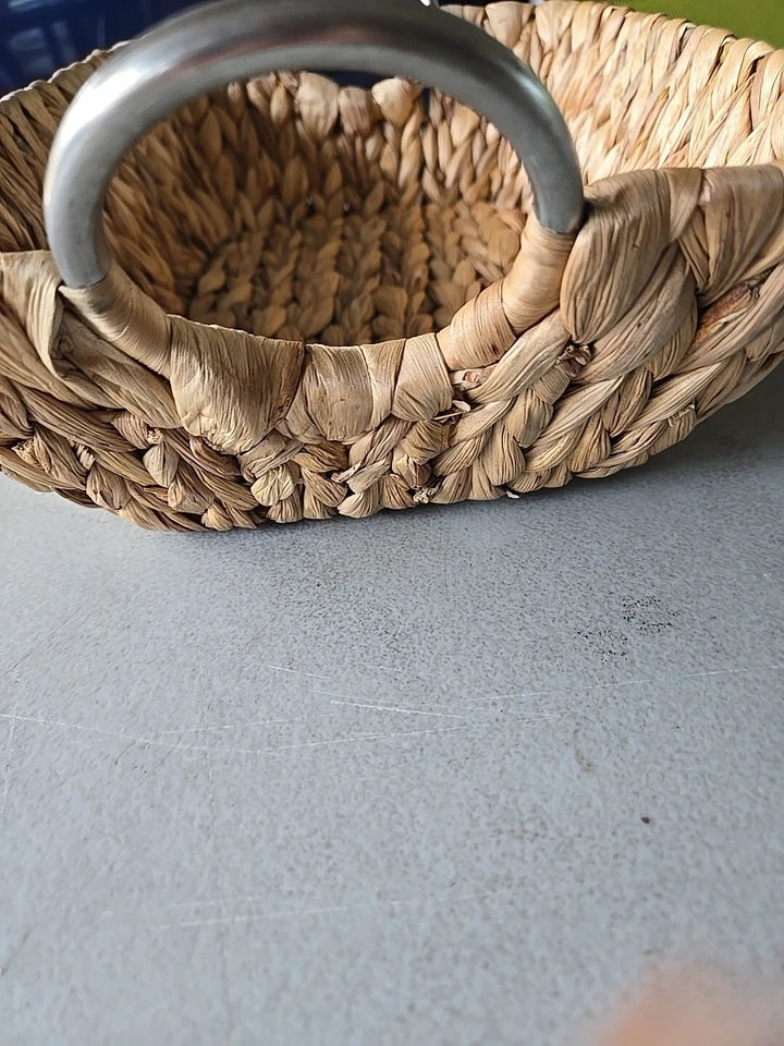 Straw 14 X 10.5 Wicker Basket/Serving Tray With Silver Metal Handles  - Image 3 of 4