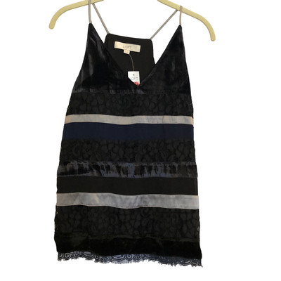 Loft Womens Top XS Sleeveless Blue Black Mixed Textures Velvet Lace Whimsigoth