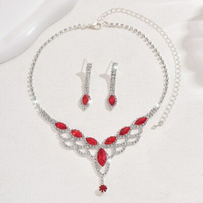 Pink/Blue/Green Rhinestone Net Teardrop Necklace Earrings Party Jewelry Set