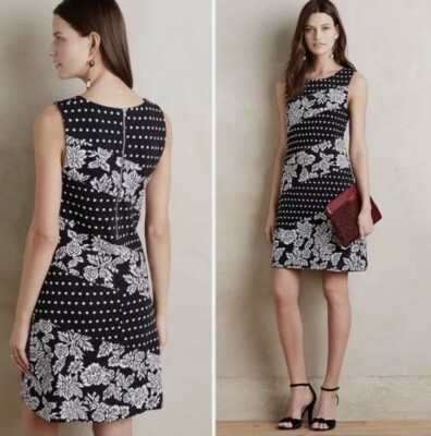 Maeve Anthropologie Effemy Floral Jacquard Polka Dot Dress Shift Striped S