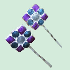 Vintage 1980's Painted Enamel Square Silver Bobby Pins