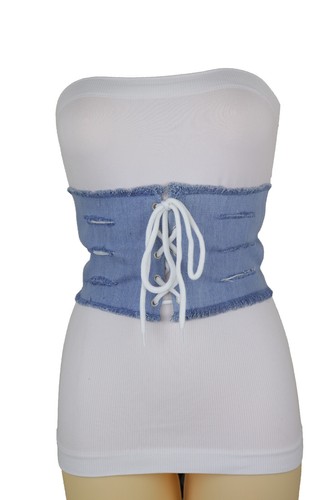 Women Wide Corset Light Blue Denim Fabric Junior Style Teen Belt Size S M - Picture 7 of 23