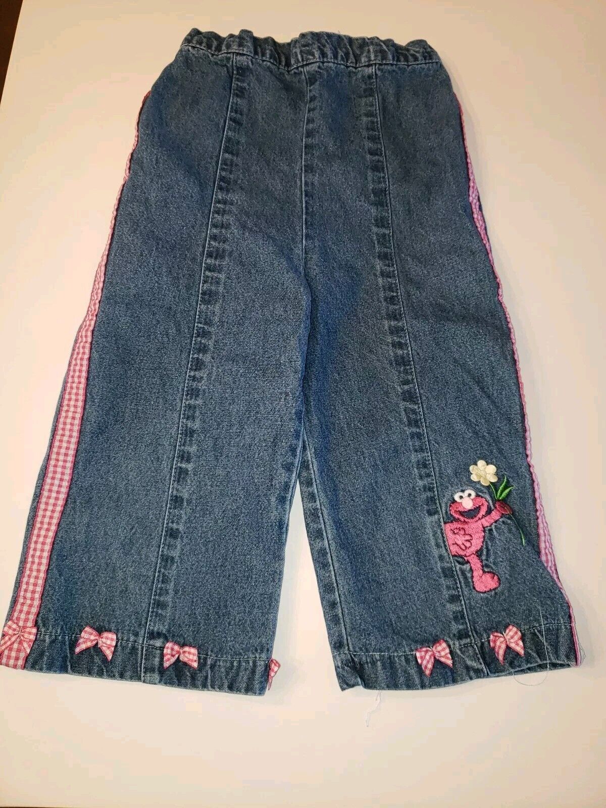 Elmo Jeans Girl’s Sesame Street Denim Pants Gingham Bows 5T, Vintage 90s