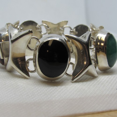 Vintage Mexico Sterling Silver Multi-Stone Cabochon XO Bracelet TD-102 - ~6.75 i - Picture 3 of 11