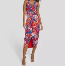 Siena Women's Red Floral Side Ruched Sleeveless MIDI Dress Size 2