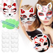 8pcs Blank Paper Full Face Masks Carnival DIY Cat Fox Masks w Paintbrush Palette