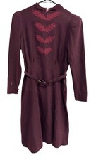 Burgundy Long Sleeve Sweater Dress With Embroidered Leaves and Belt