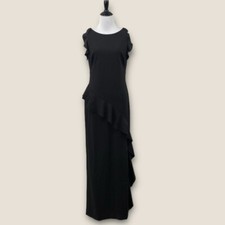 Lauren Ralph Lauren Ruffle-Trim Crepe Gown Women Sz 8 Black Beaded Cocktail Maxi