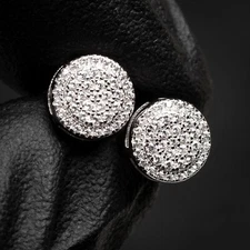 White Gold 925 Sterling Silver Round Cluster Circle Stud Hip Hop Earrings