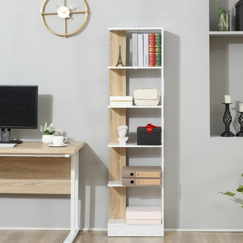Scaffale Libreria a Parete in Legno Color Rovere e Bianco con 5 Ripiani - Immagine 3 di 4