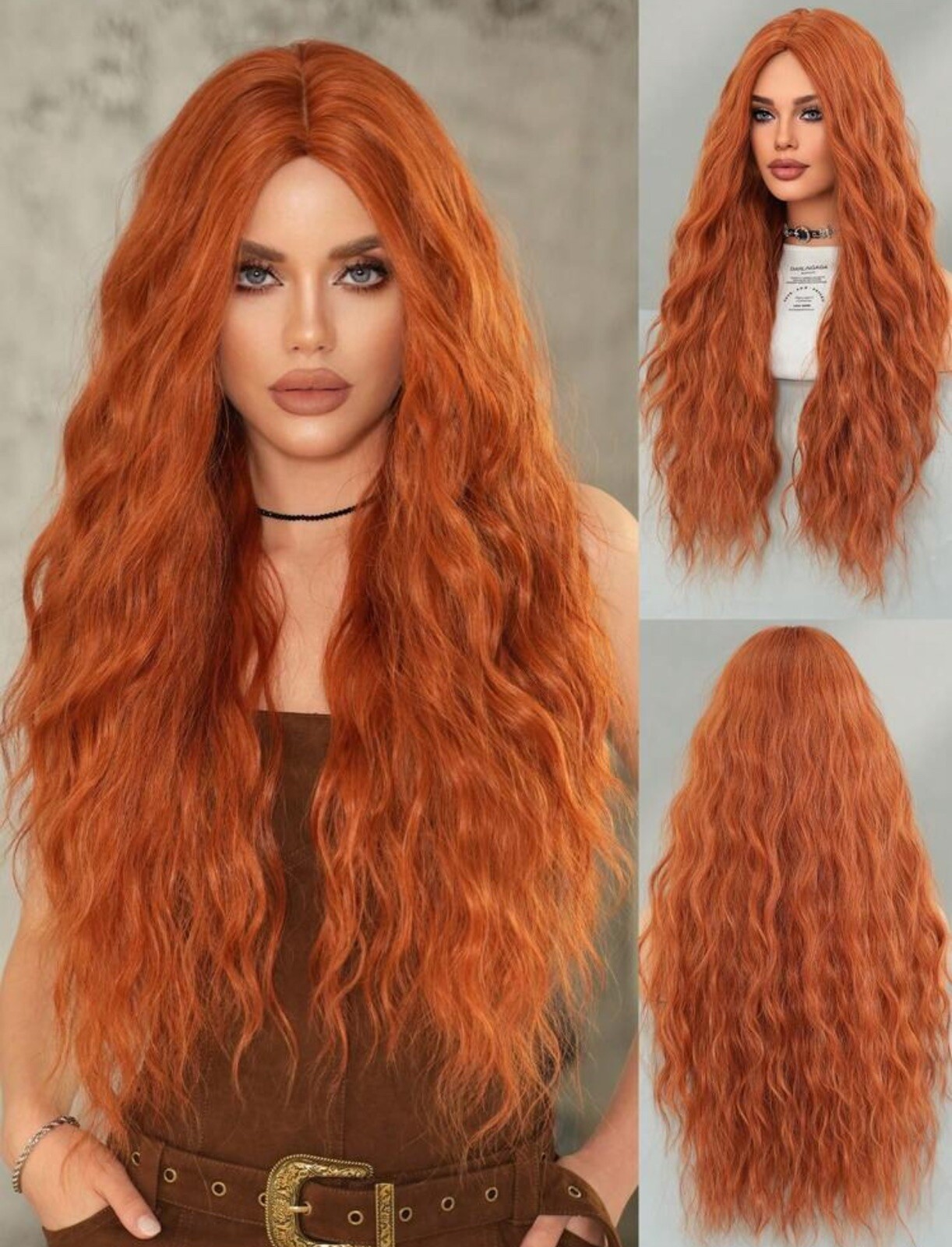 Perruque orange bouclée synthétique longue avec 4 bonnets de protection inclus