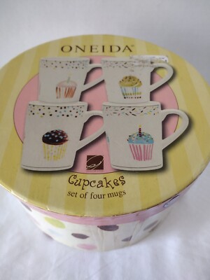 Oneida Set of 4 Jennifer Sosik Stoneware Cupcake Cupcakes Coffee Mugs Box